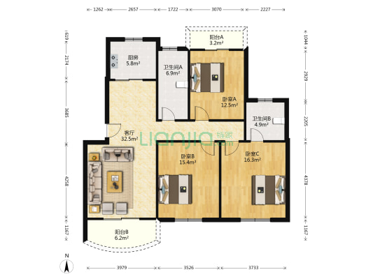 万家湖社区C区 3室1厅2卫 121平方