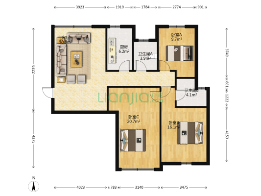 凤凰小区 3室1厅2卫 121平方