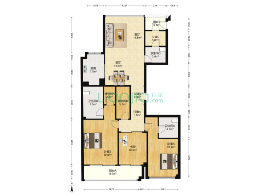 宁波中心兰园 3室2厅3卫 187平方
