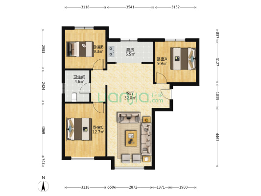 毛坯 满二 南北通透 F户型 中间层 看房方便-户型图