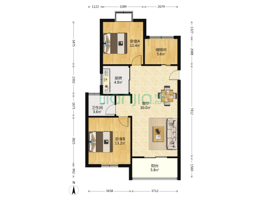 香域花园 2室1厅1卫 91平方