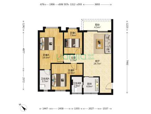 东汇家园 3室1厅2卫 92平方