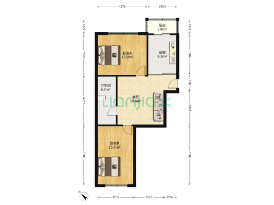 恒兴花园 2室1厅1卫 88平方
