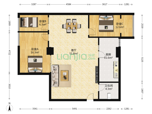 地税大厦（文景路） 3室1厅1卫 128平方