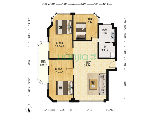 沙园路(海珠) 3室1厅1卫 84平方