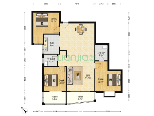 新世纪园 3室1厅2卫 125平方