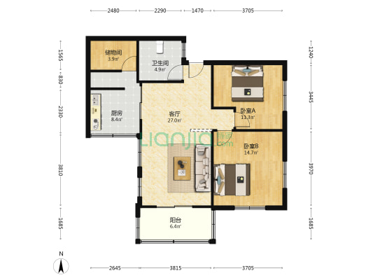 花园新村 2室1厅1卫 91平方