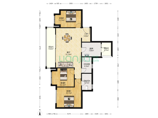 公园大道上峯 3室1厅2卫 135平方