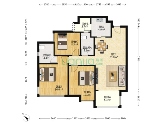 招商依云上城二期 3室1厅2卫 102平方