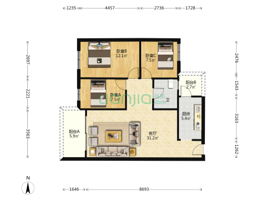 利通花园 3室1厅1卫 96平方