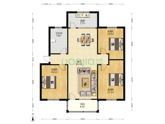 粮生家属院 3室1厅1卫 130平方