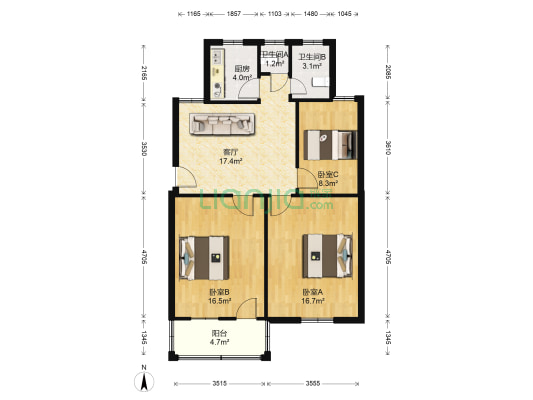 众想新苑 3室1厅2卫 79平方