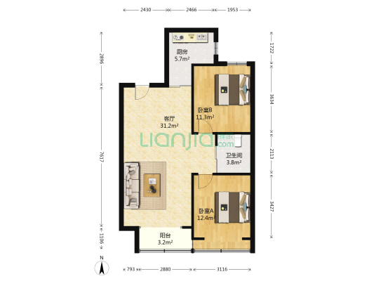 壹米阳光 2室1厅1卫 89平方