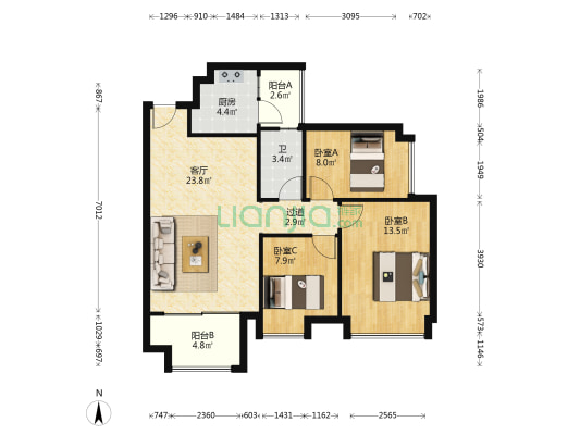 达磐恒悦园.成丰广场 3室1厅1卫 92平方