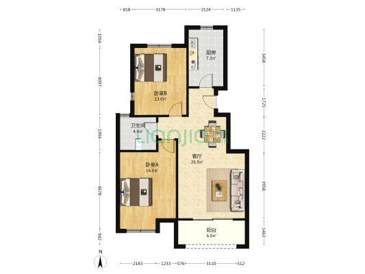 湖滨新寓 2室1厅1卫 91平方