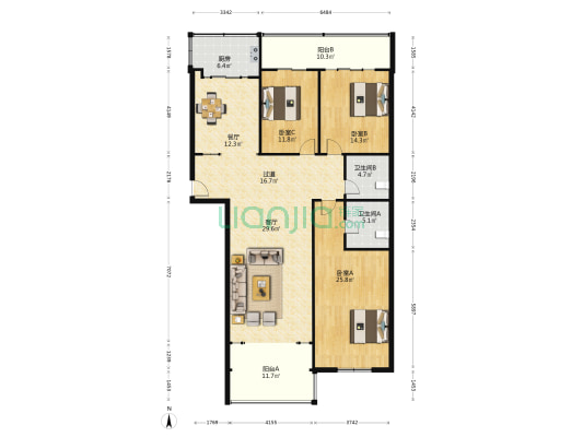 隆基花园 3室2厅2卫 177平方
