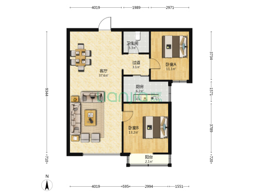 赵苑观邸 2室1厅1卫 106平方