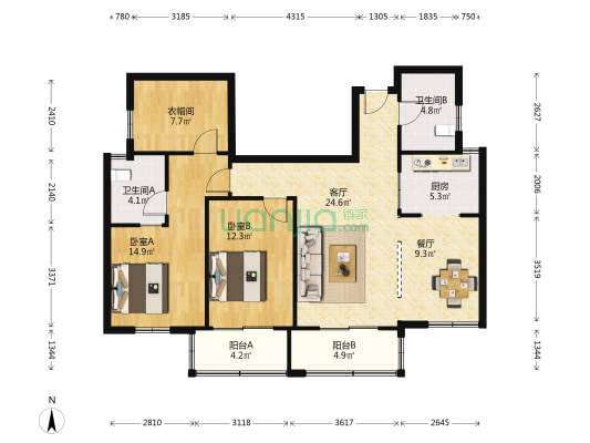 复兴路27号 2室2厅2卫 124平方