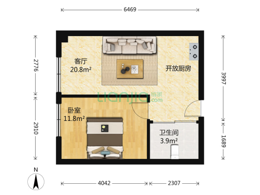 海景花园 1室1厅1卫 53平方