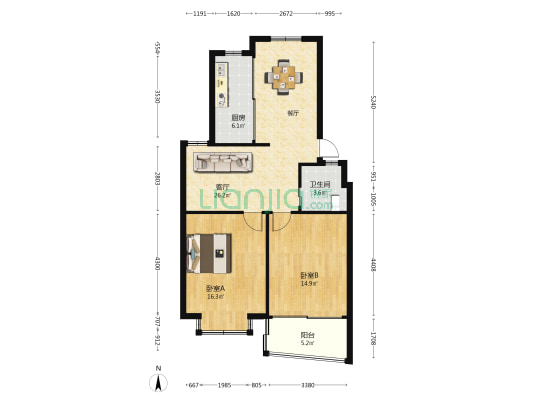 三江花苑 2室1厅1卫 85平方