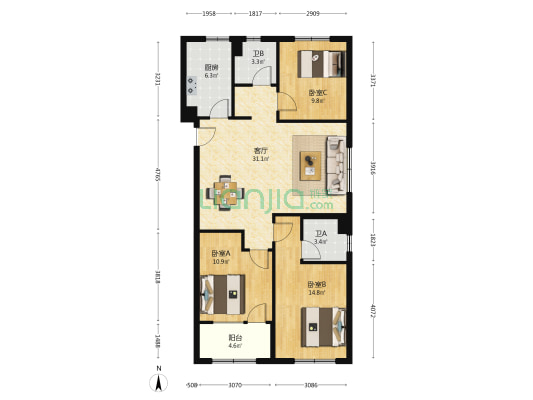 大商烟台城市乐园 3室1厅2卫 131平方