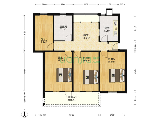 旅游公司宿舍 4室1厅1卫 112平方
