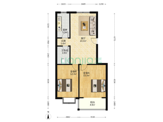 阳光小区 2室1厅1卫 82平方