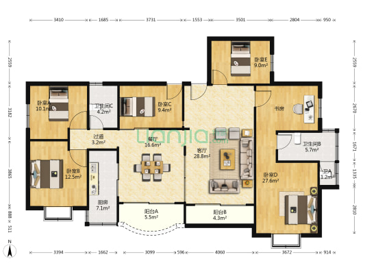 新世界长湖苑一期 5室2厅3卫 176平方