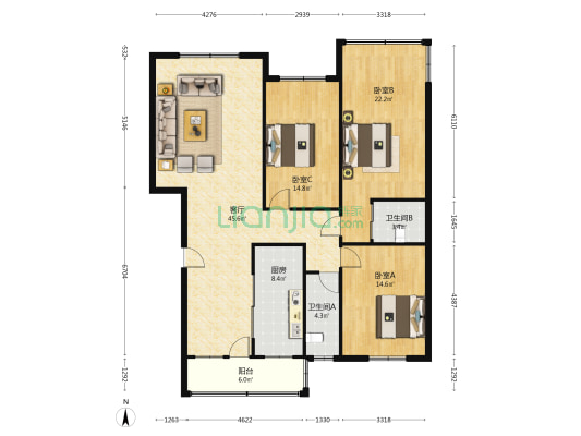 卫生局宿舍 3室1厅2卫 132平方