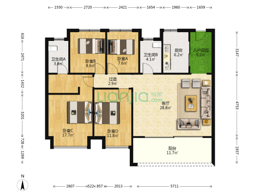 无锡融创壹号院 4室1厅2卫 136平方