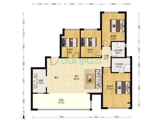 首创禧瑞锦江 4室1厅2卫 136平方
