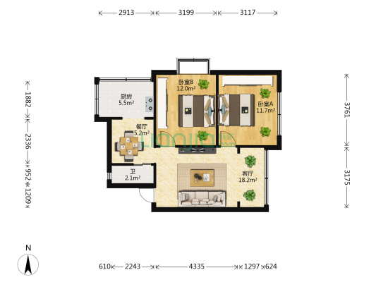 昆明海关宿舍 2室2厅1卫 52平方