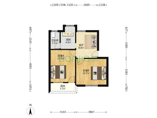 南溪山医院宿舍 2室1厅1卫 53平方
