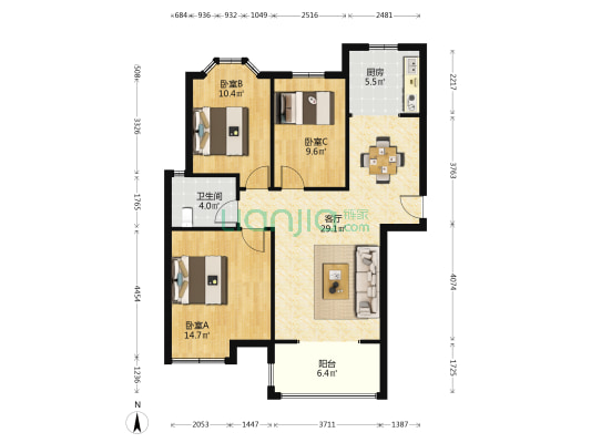 新城花园 3室1厅1卫 104平方