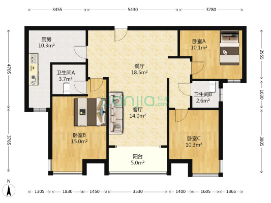 金品时代，品质社区南北通透大三居-户型图