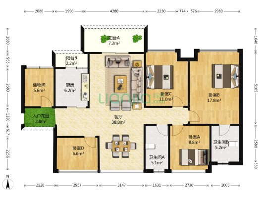 中海凯旋城五六期 4室1厅2卫 132平方