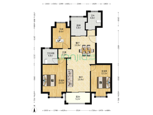 惊驾名庭B区 3室2厅2卫 118平方