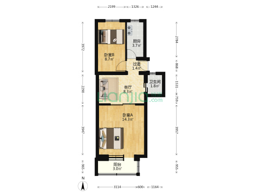 王家园胡同35号院 2室1厅1卫 53平方