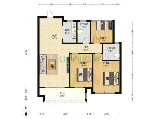 中多.香溪美地 3室1厅2卫 122平方