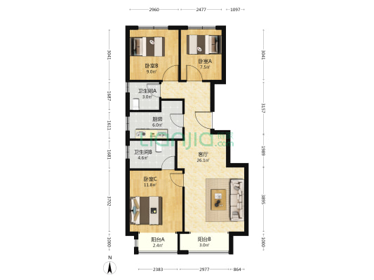 金地·都会风华 3室1厅2卫 101平方