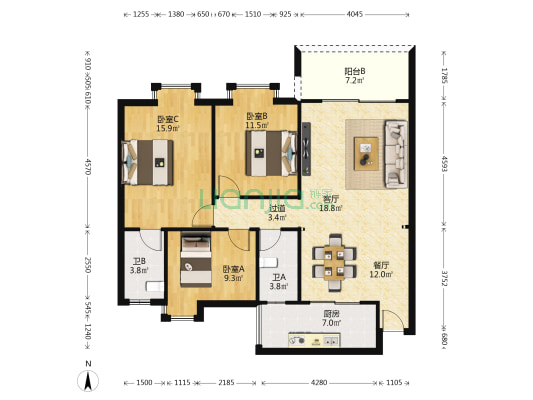 金泰花园 3室2厅2卫 106平方