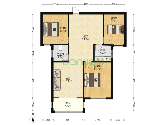 亿达翰林居 3室2厅1卫 107平方