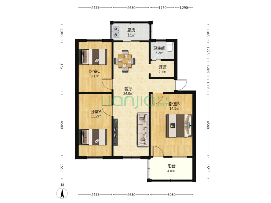 化工局宿舍 3室1厅1卫 80平方