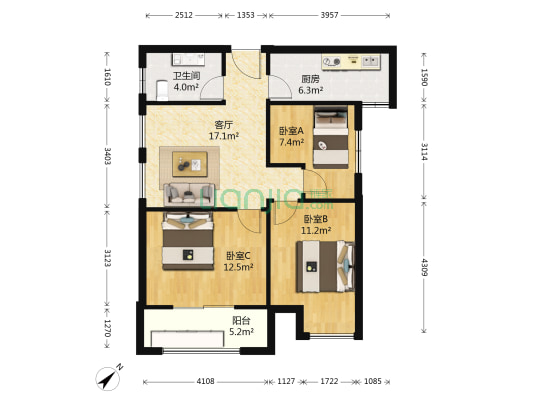 天宏咖汇 3室1厅1卫 92平方
