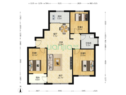 天润新城 3室2厅1卫 126平方
