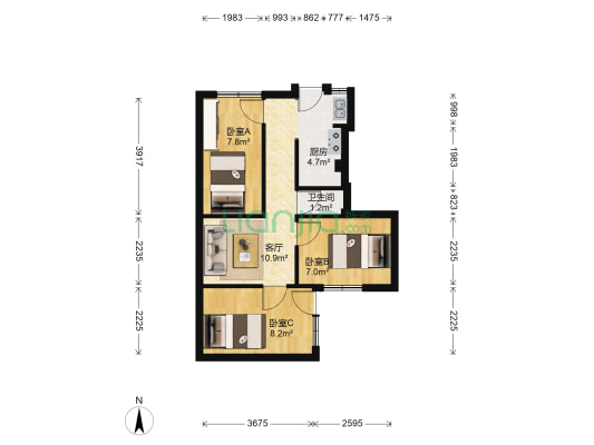 牧电路8号院落 3室1厅1卫 44平方