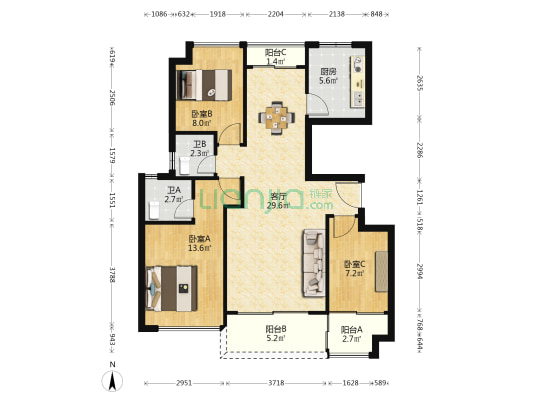 丽港阳光 3室1厅2卫 92平方