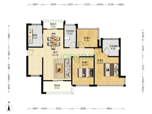 颐安天朗名庭 3室1厅2卫 106平方