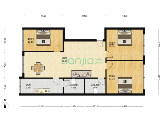 新华路 3室1厅2卫 129平方