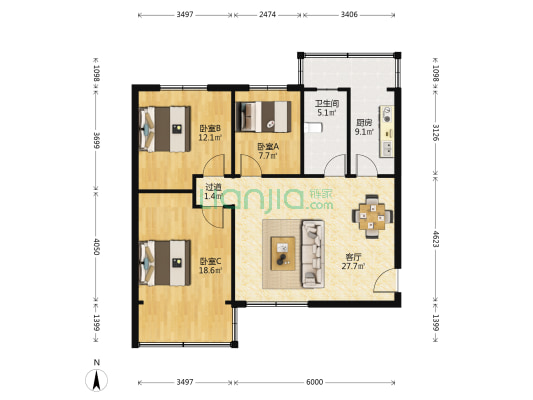 深南中学家属楼 3室1厅1卫 91平方